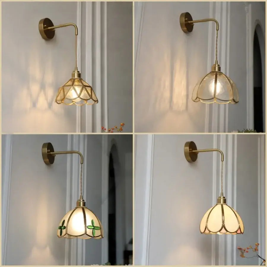 Brass-finished wall light with decorbites amber glass led petal-shaped shade featuring intricate floral patterns