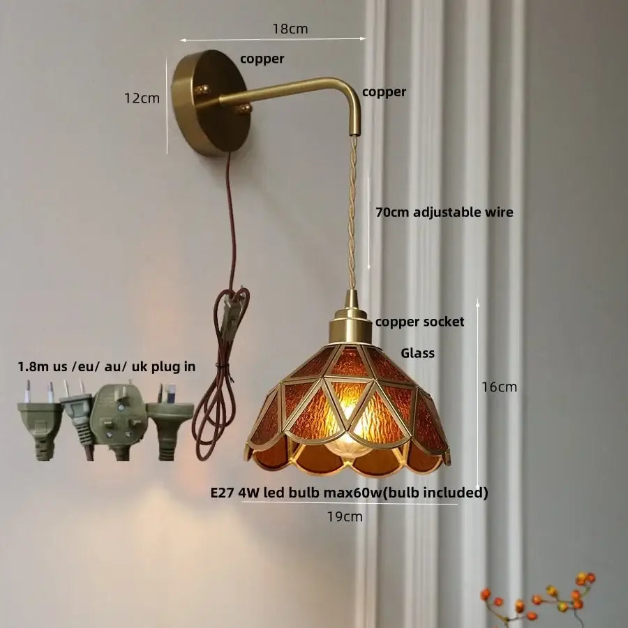 Antique brass amber glass led wall light with copper sconce and stained glass shade in amber and gold tones for decorbites decor