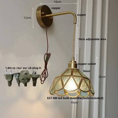 Vintage-style copper wall light with decorbites amber glass led faceted textured shade for bedroom sconce decor