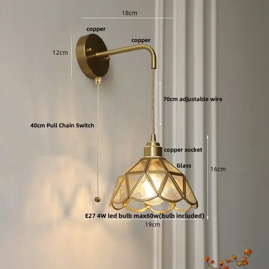 Vintage-style antique brass wall light with decorbites amber glass led shade and adjustable copper wire for bedroom sconce