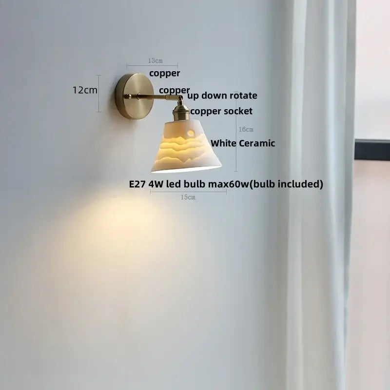 Copper finished wall light with white ceramic led shade featuring subtle wave texture for bedroom decorbites ceramic led wall