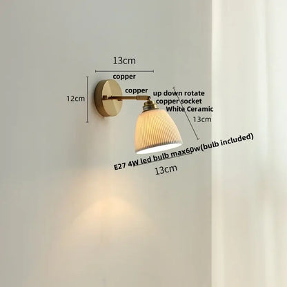 Antique brass wall light with copper finish and white ceramic led ribbed lampshade for bedroom decorbites ceramic led wall