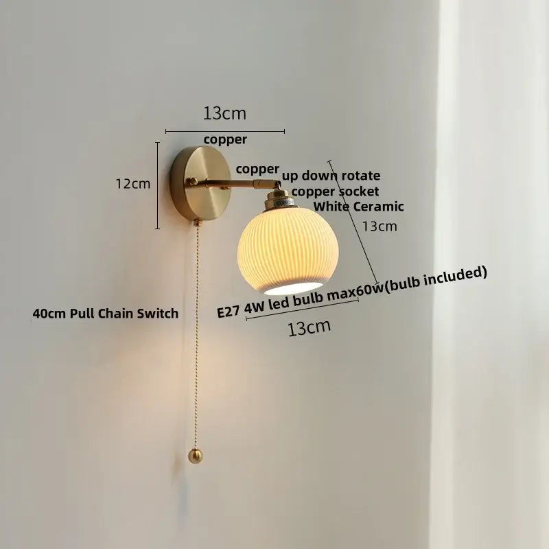 Copper-finished wall light with ceramic led wall sconce featuring white ridged ceramic shade and included e27 led bulb