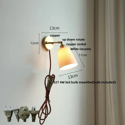 Copper wall light with white ceramic led shade and e27 4w bulb, antique brass and amber glass decorbites ceramic led wall