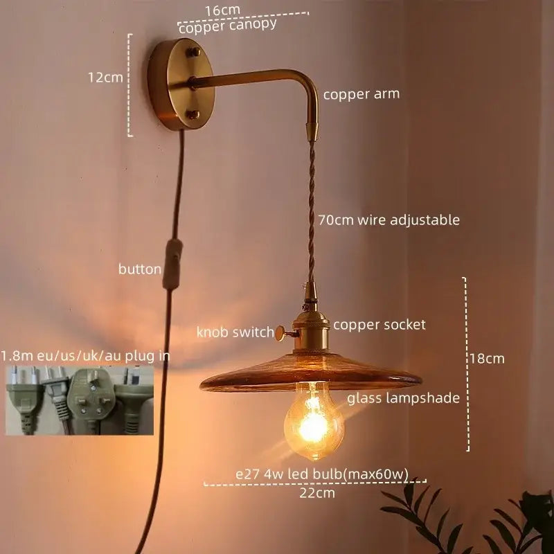 Antique brass and amber glass copper led wall lights with adjustable copper arm for bedroom wall lighting