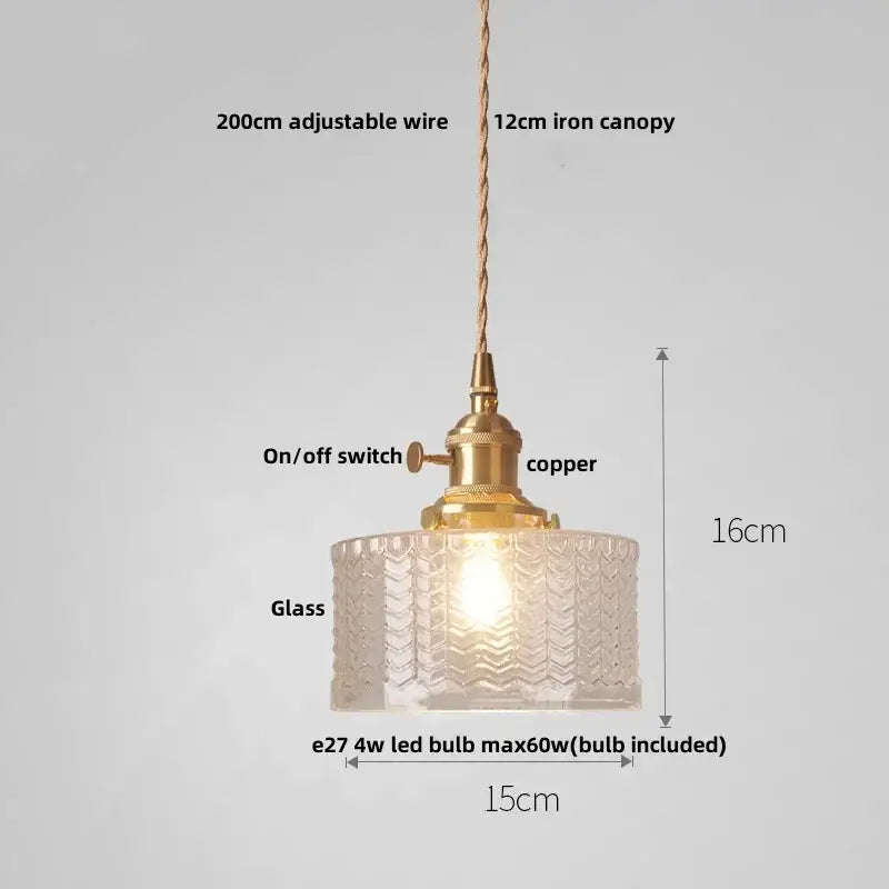 Antique brass pendant light with clear textured amber glass led shade and copper-finished metal for stair hanging