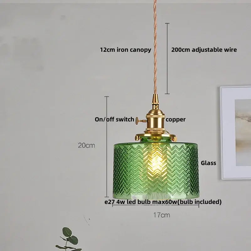 Antique brass and amber glass led pendant light with textured green glass chevron pattern and adjustable wire hanging