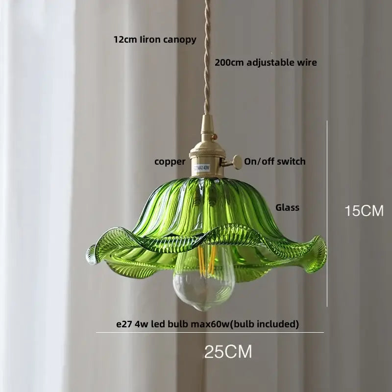 Antique brass and amber glass led pendant light with green glass led hanging leaf design and brass accents