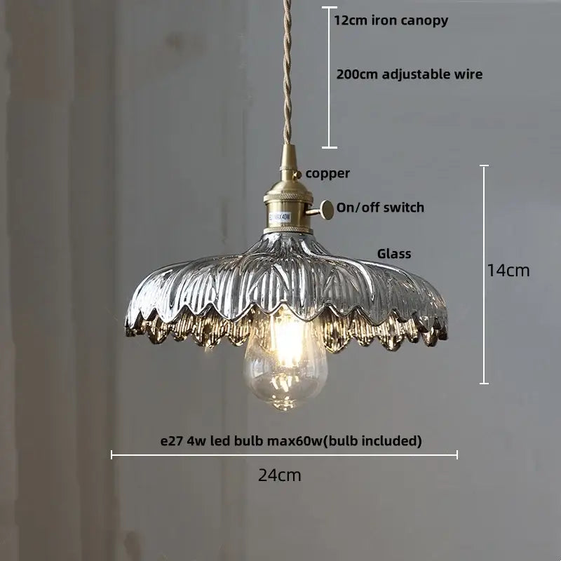 Antique brass and amber glass led pendant light with textured silver-toned glass shade and brass metal fittings