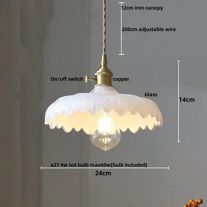 Delicate white glass led pendant light with scalloped edge amber glass led and copper-toned hardware hanging light