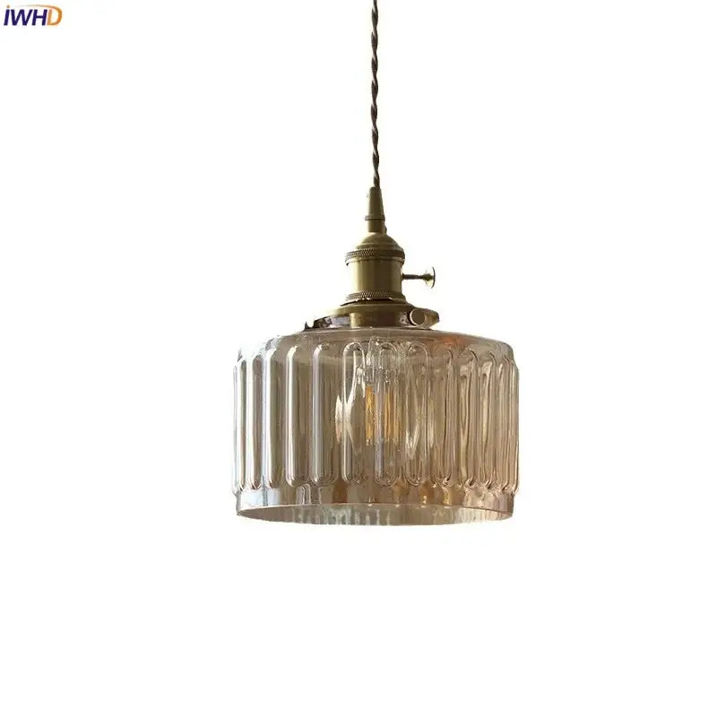 Antique brass pendant light with ribbed translucent amber glass led shade for glass led hanging stair lighting