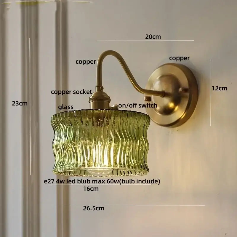 Antique brass wall sconce with olive green textured glass shade and polished copper hardware for bedroom decorbites clear glass