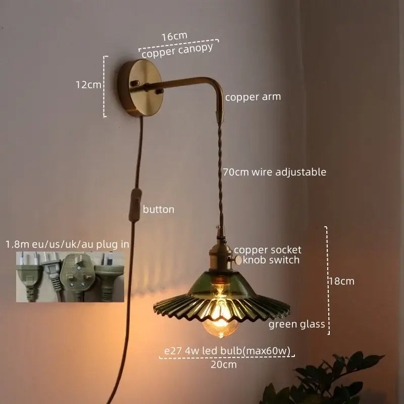 Copper wall lamp with green glass shade and adjustable 70cm wire for decorbites led wall bedroom sconce with pull chain
