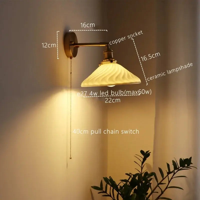 Antique brass wall lamp with ribbed ceramic copper lampshade and pull chain switch for bedroom decorbites ceramic copper led lighting