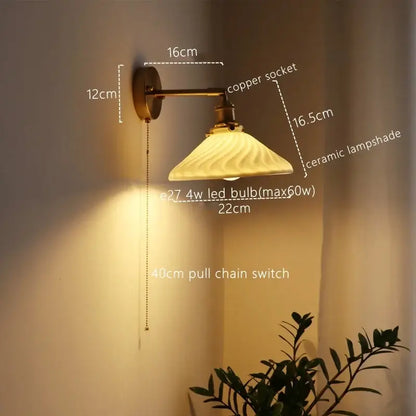 Antique brass wall lamp with ribbed ceramic copper lampshade and pull chain switch for bedroom decorbites ceramic copper led lighting