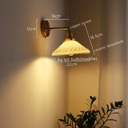 Antique brass wall lamp with ribbed ceramic copper lampshade and pull chain switch ideal for bedroom decorbites ceramic copper led