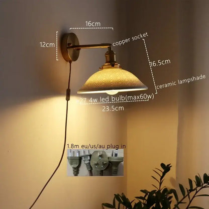Antique brass wall lamp with copper socket and decorbites ceramic copper led embossed ceramic lampshade for bedroom use