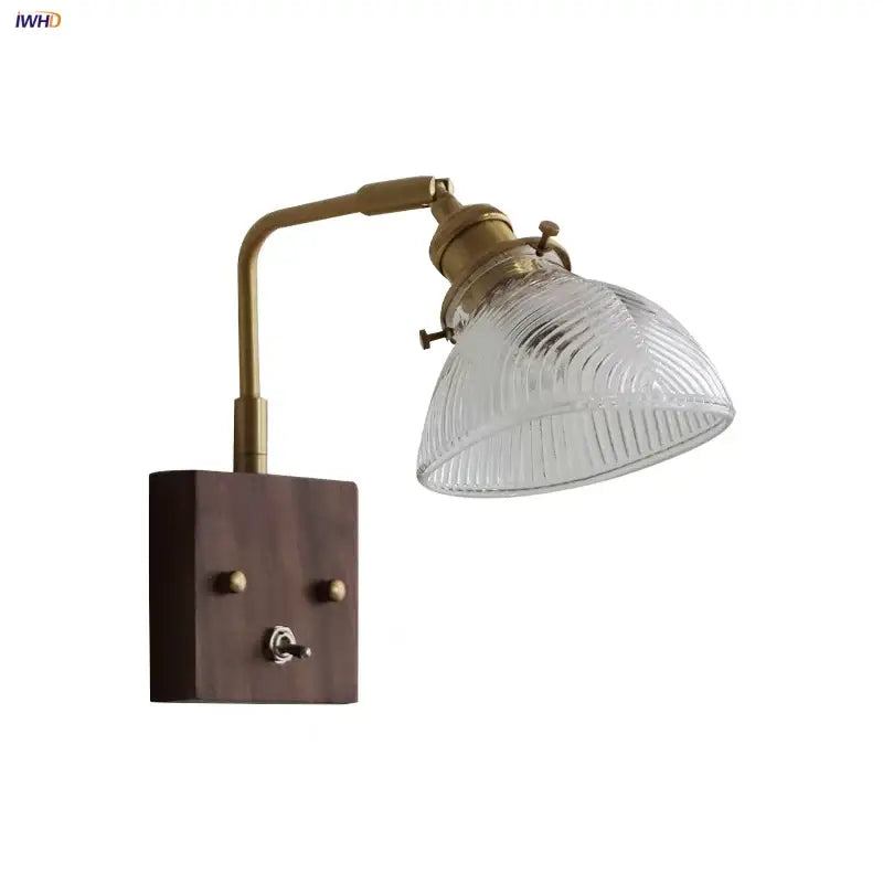 Antique brass and walnut wall lights with clear glass ribbed shade and dark wood mounting plate by decorbites clear glass