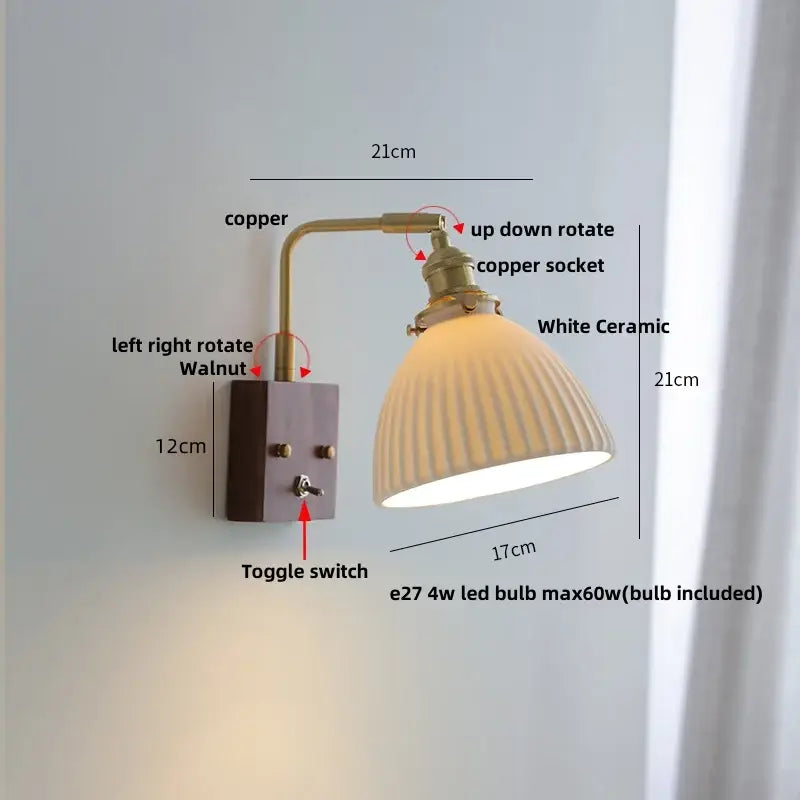 Copper-arm wall lights with a ribbed white ceramic shade and walnut-finished mounting plate by decorbites clear glass