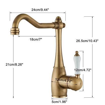 Antique brass basin waterfall kitchen tap with white ceramic handle designed as a basin waterfall faucet mixer