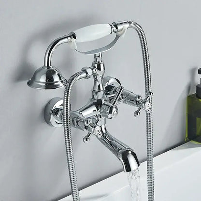 Chrome finished bathtub shower faucet set with white ceramic handle and two flexible shower hoses for bathroom use