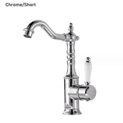 Chrome-finished luxury kitchen faucet with short spout and off-white ceramic handle from decorbites gold luxury collection