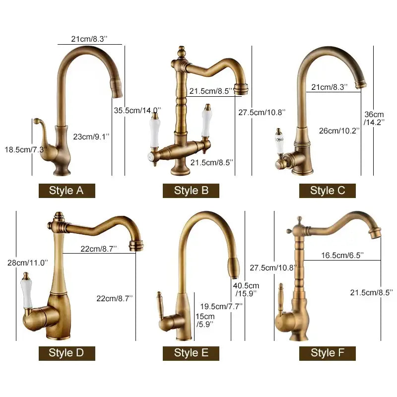 Antique brass and white ceramic kitchen faucet swivel mixer featuring various designs and sizes with ceramic handles