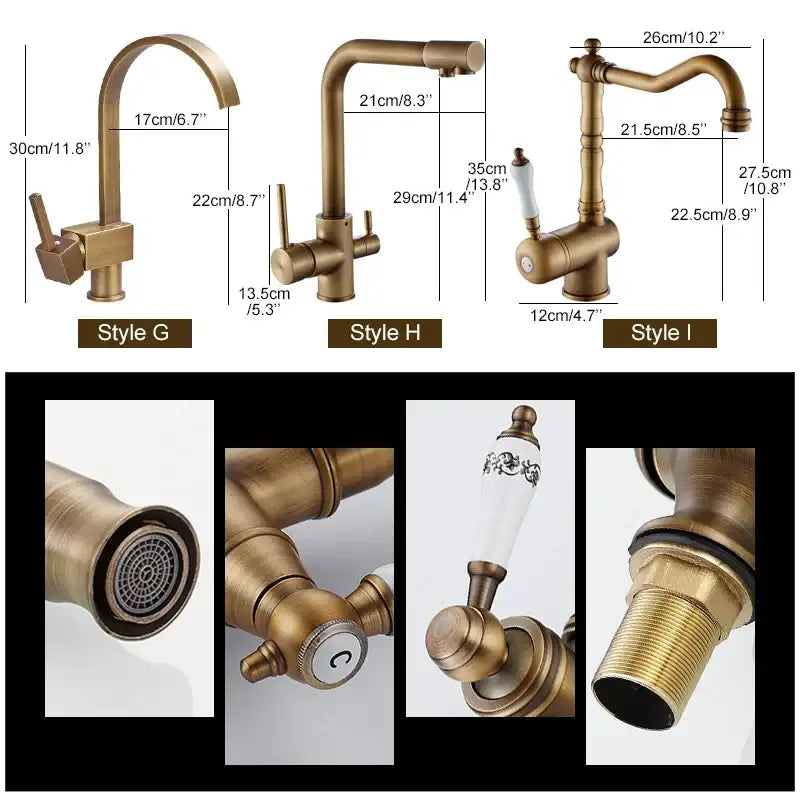 Antique brass and white ceramic kitchen faucet swivel mixer in three styles with ornate detailing and ceramic handles