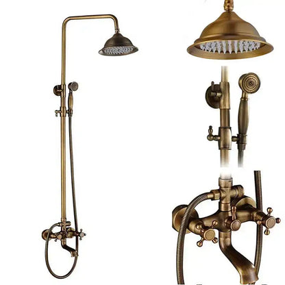 Antique brass and white ceramic shower faucet set with tall overhead rainhead and handheld spray nozzle for bathroom use