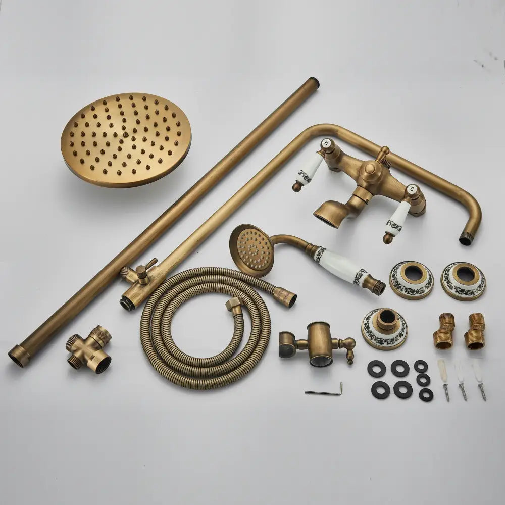 Antique brass and white ceramic shower faucet set with round rainhead handheld shower and ceramic valve handles