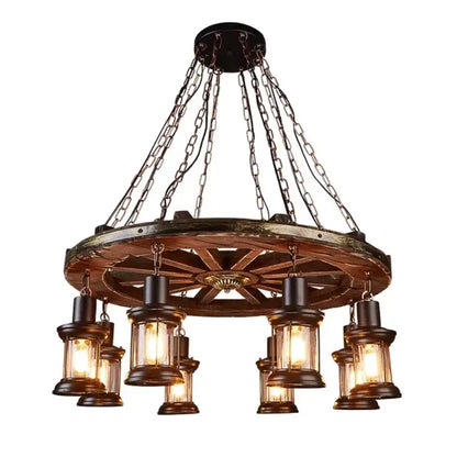 Rustic wooden wagon wheel chandelier with dark bronze chains and lantern bulbs iron wheel led pendant lights decorbites