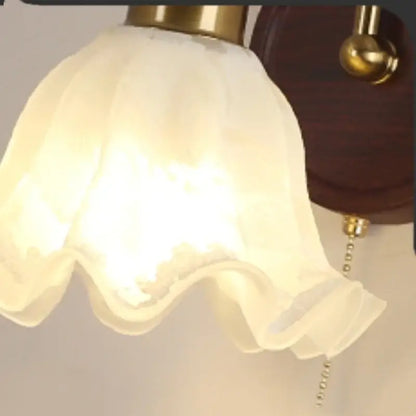 Antique brass and wood led wall light with warm white glass ruffled shade for bedroom decorbites led wall light