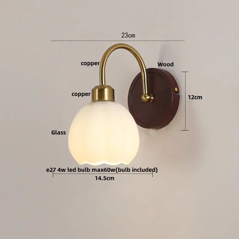 Copper-finished led wall light with frosted glass globe and wooden backplate for bedroom decorbites led wall light