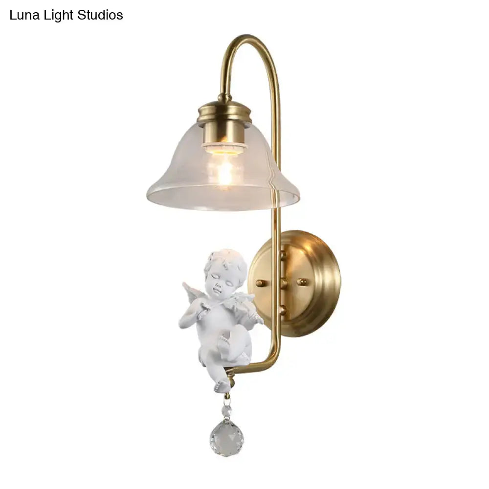 Antique brass angel glass sconce light with frosted shade and dangling crystal pendant for bedroom wall lamp