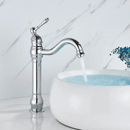 Chrome finished tall single handle basin faucet with curved spout and ridged detailing for decorbites brass basin faucet