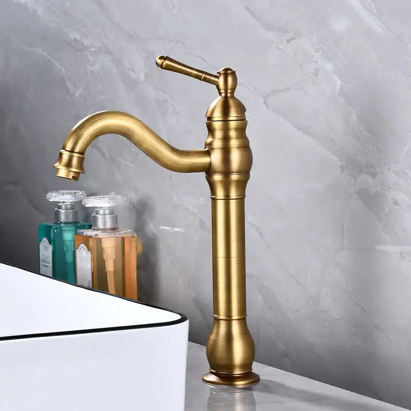 Antique brass basin faucet with single handle curved spout and ornate vintage design decorbites brass basin faucet