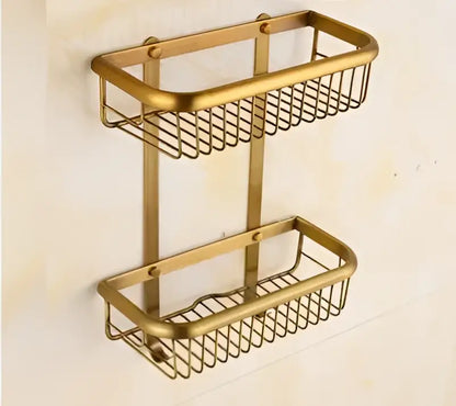 Brass double-tier wall-mounted shower caddy in antique brass bath hardware decorbites brass antique vintage set