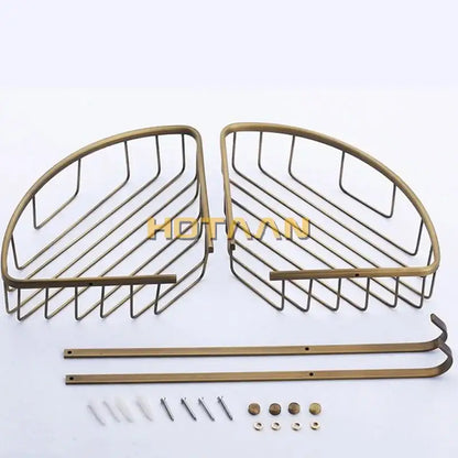 Antique brass bathroom shower shelf two tier corner caddy with hooks and wire mesh design for decorbites brass bathroom