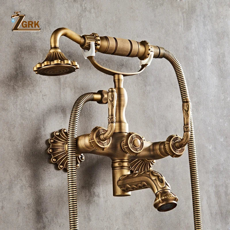 Antique brass bathtub shower set with vintage-style wall-mounted faucet and flexible ornate brass-finished hoses