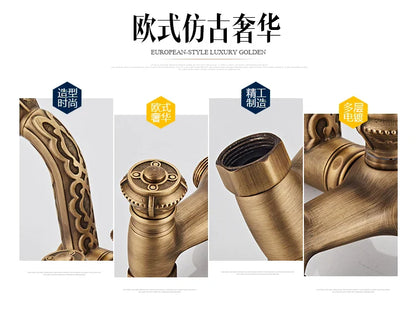 Antique brass bathtub shower set with a european-style luxury golden faucet featuring intricate ornate detailing and brushed brass finish