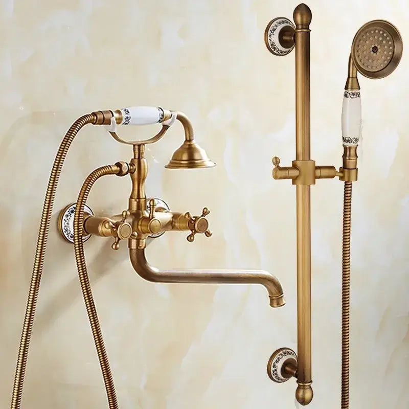 Antique brass bathtub shower set with white ceramic handles and decorative porcelain accents for brass bathtub shower decorbites