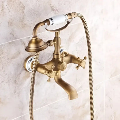 Antique brass bathtub shower set with ceramic handles and ornate detailing for elegant bathroom decorbites brass bathtub mixer