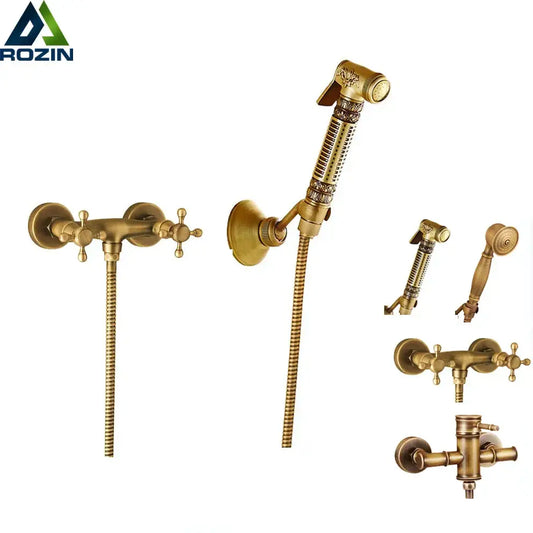 Antique brass bidet mixer faucet bathroom handheld shower set with ornate detailing and multiple showerhead options