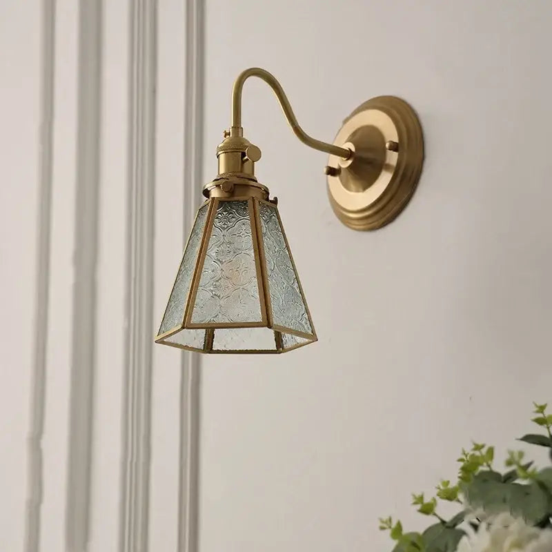 Antique brass blue flower glass led wall sconce with hexagonal etched flower glass shade for bedroom decorbites blue flower