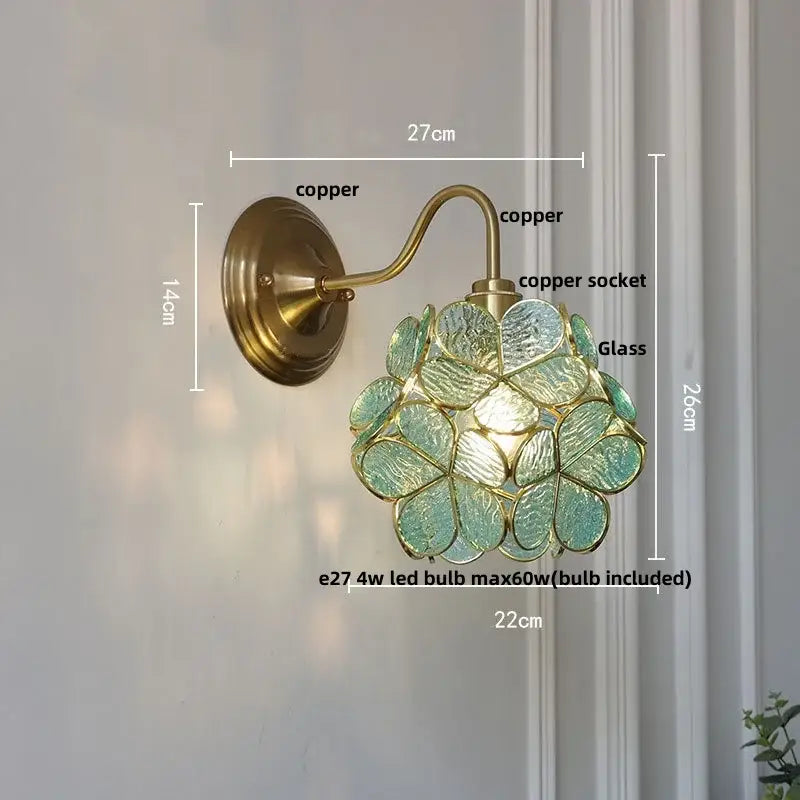 Antique brass blue flower glass led wall sconce with delicate green petals for bedroom decorbites blue flower lighting