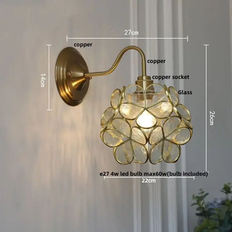 Antique brass blue flower glass led wall sconce with decorbites blue flower cluster design for bedroom light decor