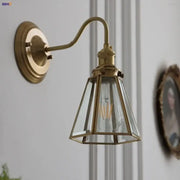 Antique brass blue flower glass led wall sconce with geometric shade and exposed filament bulb for bedroom decorbites blue flower