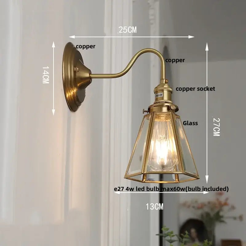 Antique brass blue flower glass led wall sconce with hexagonal shade and e27 bulb socket for bedroom decorbites blue flower design