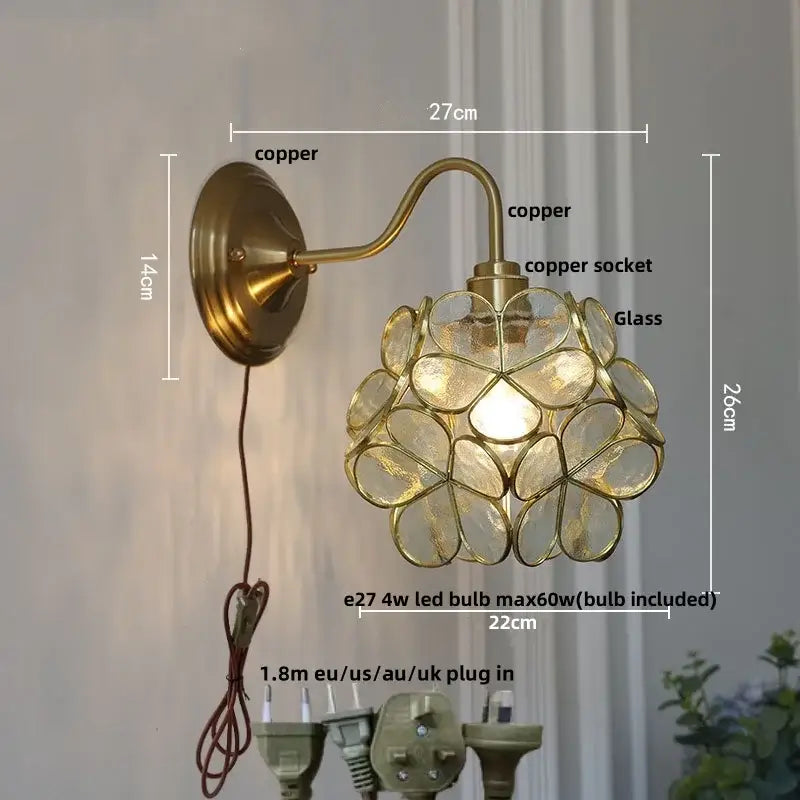 Antique brass blue flower glass led wall sconce with a brass copper base and glass flower cluster shade for bedroom decorbites blue flower