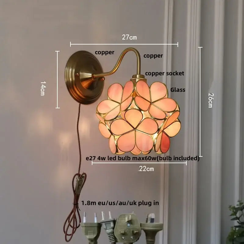 Antique brass blue flower glass led wall sconce with copper finish and pink peach flower glass panels for decorbites blue flower decor